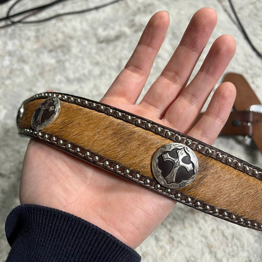 Mens Western Genuine Leather Hair-on Cowhide Belt Silver Buckle Cross - Picture 10 of 10